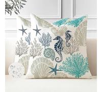 Miuyunya Taie d'oreiller Printemps Été Lot de 2 45 x 45 cm Housse Coussin Exterieur Impermeable Océan Tortue Hippocampe Moderne Housse Coussin en Polyester Carré pour Patio Jardin Maison Salon