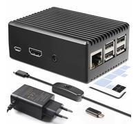 Miuzei Boîtier Alu pour Raspberry Pi 3B+/3B, Passif, Alimentation 5,1V 3A | refroidissement passif, Boîtier alu, Alim. USB-C avec adapt. Micro USB et interrupteur, 6 pads therm., pour Pi 3 Modell B+