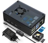 Miuzei Boîtier pour Raspberry Pi 4 avec Ventilateur, alim., Couvercle acry. | Alimentation 5,1V 3A avec interrupteur marche/arrêt, Ventilateur 3,3 V silencieux, 4 dissipateurs aluminium, Kit pour Pi 4B