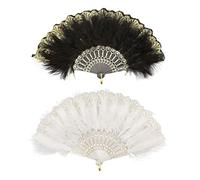MIVAIUN 2 Pièces Noir Blanc 1920s Éventail Plume, Embroidered Flower Marabou Feather Fan, Éventail de Plumes Marabout Années 1920,Ventilateur Plume Flapper Accessoire de Great Gatsby Party