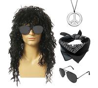 MIVAIUN 4 Pièces 70s 80s Costume de Perruque Rock Accessoires de Disco pour Hommes Femmes Rock Star Hippie Punk Mullet Perruque Bandana Peace Collier Lunettes de Soleil pour Halloween Carnaval (Noir)