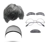 MIVAIUN 6 Pcs Perruque Grand Père Set Perruque Grise, Perruque Homme, Fausse Moustache, Sourcils, Bonnet de Perruque, Lunettes, Costume de Vieil Homme pour Halloween Noël Cosplay Fête (Gris)