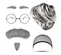 MIVAIUN 7Pcs Professeur Fou Ensemble D'habillage de Grand-père Perruque Barbe Grise Sourcils Bonnet de Perruque Lunettes Grand-père Cosplay pour Halloween Carnaval Mardi Gras (Ensemble Grand-père)