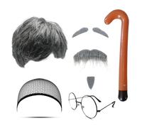 MIVAIUN 8 Pièces Grand-père Costume Set Perruque Gris Barbe Sourcils Perruque Bonnet Lunettes Canne Gonflable Retraité Costume Homme pour Cosplay Party