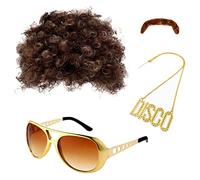 MIVAIUN Ensemble de Costume Hippie, Hommes Hippie Perruques Costume Accessoires Set, Accessoires hippie, Perruque Afro, Fausses Moustaches, Accessoire Fantaisie pour Hommes des Années 70s 80s (4 Pcs)