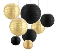 MIVIDE Lot de 16 Lanterne en Papier Noir et Doré, 10cm 15cm 20cm 25 cm Boule Chinoise Papiers, Lampion Papier Chinois pour Mariages, Anniversaires, Fêtes et Noël