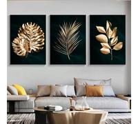 MIVINC 3 Pièces-Affiche Abstraite Représentant Des Feuilles de Palmier Monstera Tropicales Dorées sur Toile Noire Idéale pour Décorer un Salon un Bureau Ou une Maison-50 * 60cm (Pas encadré)
