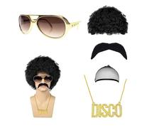 MIVORA Ensemble de Costume Hippie Perruque Afro Funky Perruque Afro Moustache Collier Disco Lunette Hippie Deguisement Hippie Homme Hippie Perruque Costume Set pour Halloween Fêtes Carnaval,Noir