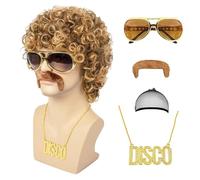 MIVORA Ensemble de Costume Hippie Perruque Afro Funky Perruque Afro Moustache Collier Disco Lunette Hippie Deguisement Hippie Homme Hippie Perruque Costume Set pour Halloween Fêtes Carnaval,