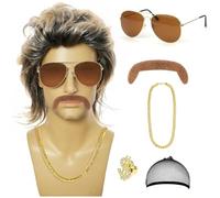 MIVORA Mulet Homme Annee 70 80 Deguisement Disco Homme avec Moustache, Collier, Bague et Lunettes de Soleil pour Cosplay, Halloween, Fêtes Costumées