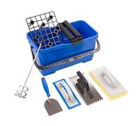 MIVOS Set de lavage pour carrelage 6 pièces - Set de lavage professionnel pour carrelage - Spatule de stucateur - Truelle dentée - Planche à éponge - Planche à frotter - Seau 22L