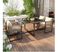 MIVRAY Salon de Jardin 5 Pièces, Table à Manger avec 4 Chaises Empilables, Structure en Bois et Métal, Plateau Verre Sécurit, Beige