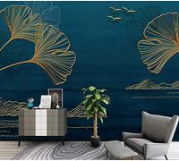 MIWEI Wallpaper Papier Peint Panoramique Ligne De Feuille De Ginkgo Doré Minimaliste Papier Peint Nature Intissé Murale Chambre Salon（350cmX256cm）