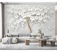 MIWEI Wallpaper Papier Peint Panoramique Mur De Fond Tv Belle Fleur Blanche En Relief Papier Peint Nature Intissé Murale Chambre Salon (380cmX265cm)