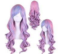 Mix Blue Pink Highlights On Hair Synthetic Anime Cosplay Wig Long Wavy Wigs For Women High Temperature Fiber