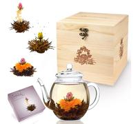 Mix de fleurs de thé Creano - in coffret cadeau déco bois « Floraison » -avec théière en verre | Thé noir 6 thés fleuris en (3 sortes différentes de roses de thé)