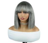 Mixed Gray Human Hair Wigs For Woman, Grey Pixie Cut Wig with Bangs Ready To Wear and Go(12 inch)