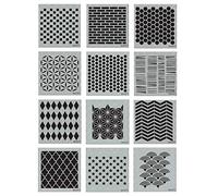 Mixed Media Lot de 12 pochoirs à motifs - damiers, briques, hexagones, marocains, pois, chaume, diamants, étoile asiatique, chevron, quatre-feuille, 50 étoiles, pétoncles, Mylar découpé au laser