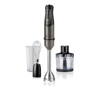 BLACK+DECKER BXHBA1000E - Mixeur plongeant multifonction 3 en 1 1000W, 20 vitesses + Turbo, anti-éclaboussures, verre doseur, bol hachoir, fouet, noir et inox anti-traces de doigts