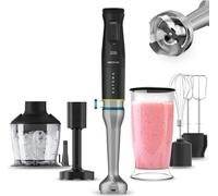 Mixeur plongeant dedede 1500 W, technologie TotalDestroy con 4 lames de titane noir con effet ciseaux et système PerreoMove whichmoves theblades up and down to blend more con less effort.