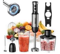 Mixeur plongeant, mixeur plongeant à 20 vitesses et mode turbo, moteur en cuivre plus lourd, lames en acier inoxydable, baguette mousseur à lait, fouet, bol de 600 ml, hachoir