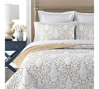 mixinni Couvre-lit Doux réversible 3 pièces Beige à Motif brodé élégant avec taies décoratives brodées (Grand lit, Beige)