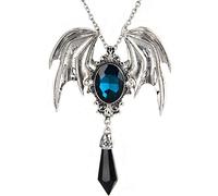 MIXIUJIEN Collier Halloween Ailes de chauve-souris Cristal - Pendentif gothique en argent avec cristal bleu et goutte d'obsidienne noire - Bijoux d'Halloween, One Size, Agate