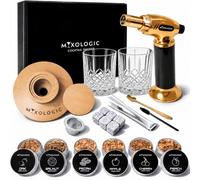 MIXOLOGIC Kit fumoir à cocktail avec torche, 2 verres, 6 copeaux de bois, pierres à whisky et accessoires, ensemble de fumage à whisky à l'ancienne, infuseur de boissons, cadeaux pour homme pour petit