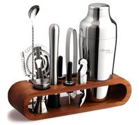 Mixology & Craft Kit de barman : ensemble de 10 pièces shaker à cocktail avec support en bambou foncé | Ensemble complet de bar à la maison avec accessoires de bar | Excellent cadeau de pendaison de