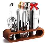 Mixology & Craft Kit de barman : ensemble shaker à cocktail 10 pièces avec support en bambou foncé | Coffret cadeau complet | Meilleur cadeau de barman pour homme et femme | Design anti-fuite (argent)