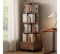 Mixtric Bibliothèque Rotative à 5/6 Niveaux avec Tiroirs, Tour Bibliothèque d'angle Rotative 360° pour Exposition, Petite Bibliothèque Tournante pour Maison et Bureau,Walnut,5 Tier
