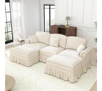 Mixtric Canapé d'angle Modulable Forme U 272 Cm, Canapé 3 Places Confortable Chenille, Style Nuage avec Jupe Volants Amovible, Pouf Mobile, CanapéS Assise Profonde, pour Salon, Appartement,Blanc