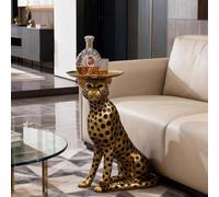 Mixtric Statue Panthère Résine 61 CM, Figurine Sol Léopard Doré de Luxe, Statue D'Accent de Chevet avec Plateau au Sommet pour Petit Espace, Salon, Chambre, Entrée et Bureau