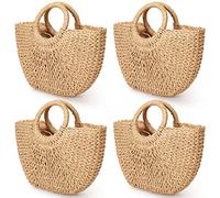 Mixweer Lot de 4 sacs de paille tissés à la main pour l'été, les voyages, la plage pour femmes, avec poignée ronde sur le dessus, grande capacité Toto rétro en rotin, kaki