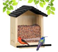 MIXXIDEA Mangeoire à oiseaux en bois, grande capacité, avec toit noir, large perchoir, fond en maille métallique pour cardinal Bluebird, facile à remplir et à nettoyer, décoration extérieure durable