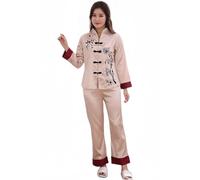 MIYAA Pyjama Satin Femme,Ensemble De Pyjamas en Soie pour Femmes Chinoises Traditionnelles Roses Ensemble De Pyjamas Brodés À Fleurs Costume 2Pces Home Wear Vêtements De Nuit Vêtements De Détente M L