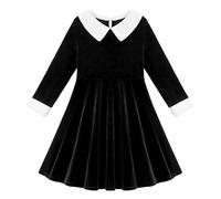 Miyanuby Robe en velours à manches longues pour filles, col Peter Pan, robe torsadée vintage pour enfants, Halloween, Noël, automne, hiver, vêtements pour enfants de 5 à 14 ans, Noir , 9-10 ans