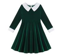 Miyanuby Robe en velours à manches longues pour filles, col Peter Pan, robe torsadée vintage pour enfants, Halloween, Noël, automne, hiver, vêtements pour enfants de 5 à 14 ans, Vert, 13-14 ans