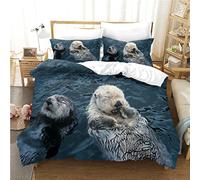 MIYOLI Parure de Iit 160x200 Imprimée 3D Loutre Housse de Couette 1 Personne Animaux Mignons Housse Couette Bleu de Natation Doux 110gsm Microfibre avec 2 x Taie d'oreiller 65x65 cm