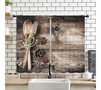 Miyotaa Lot de 2 rideaux de fenêtre rustiques en bois de ferme - 69,9 cm de large x 99,1 cm de haut - Avec passe-tringle - Style campagnard - Cuillère et fourchette - Petite porte courte - Décoration