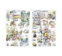 Miyouluna Lot de 90 autocollants en PET prédécoupés pour scènes de rue de ville et jardin - Arrière-plans aquarelle avec lampes de magasin, voitures, lampes pour scrapbooking, journal, voyage, collage