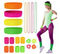 mizikuu 20 pièces Deguisement Annee 80 Set, 8pcs Serre Poignet Fluo 4 élastique Bandes de Cheveux 4 Collier Coloré Fluo Rétro 4 Bandeau Fluo Annee pour Années 80s 90s Disco Costume