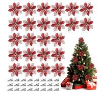 mizikuu 24 Pièces Rouge Fleur de Noel pour Sapin de Noël, 16cm Fleurs de Poinsettia Pailletées avec Pince Polyvalentes Noël Fleurs Artificielles Idéales pour Les Fêtes Les Célébrations