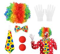 mizikuu Accessoires Costume Clown, Déguisement de Clown Curl Cravate Colorée Nœud Papillon Nez Gants Blancs Vêtementsde Accessoires pour Fête D'Halloween Clown Carnaval, Cosplay Fête Cirque
