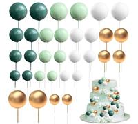 mizikuu Balle Gâteau Topper, 32 Pièces Mini Topper de Gâteau Multifonctionnel Cupcakes Toppers Balle Topper à Gâteau d’Insert DIY pour Gâteau d'anniversaire, Mariage, Fête(Vert Blanc Or)