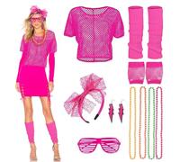 mizikuu Deguisement Annees 80s, Accessoires de costume Femme Fluo Retro Accessoires avec T-Shirt Gants en Résille Bracelets Bandeau, Collier et Boucles d'oreilles pour Dames et Filles