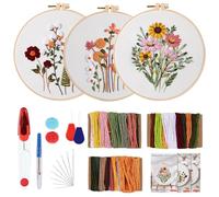 mizikuu Kit de Démarrage de Broderie, 3 Pièces Kit Broderie Debutant Motif Floral Sticken Set pour Adultes Avec 2 Cadres à Broder En Bambou Instructions Et Outils pour Amateurs de Couture
