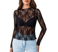 MIZSPISE Haut Femme Maille Transparente T Shirt à Manche Longue Fleur Elegante Elastique Blouse Quotidien Soiree Fete Cocktail Club Mariage Bal Anniversaire Cadeau Vêtements S-XL