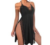 MIZSPISE Nuisette Femme Sexy Chemise de Nuit Nuisette Col en V Lingerie en Dentelle 2 Pièces Bretelles réglables (Noir, M)