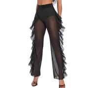 MIZSPISE Pantalon Évasé Transparent pour Femme Jambe Large Plage en Maille Transparente Bikini Élastique Volants Taille Haute Long (FR/ES, Alpha/Lettres, TG, Taille Normale, Taille Normale, Noir)